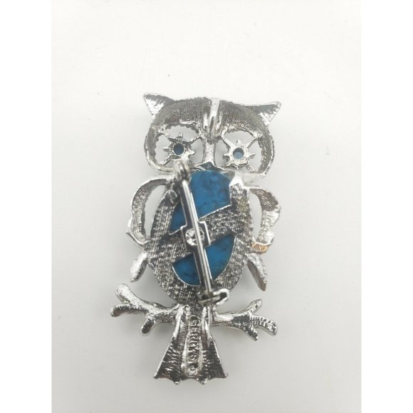 Vintage Signed Gerry’s Pin/Brooch Owl Silver Tone And Blue Turquoise - Picture 3 of 5